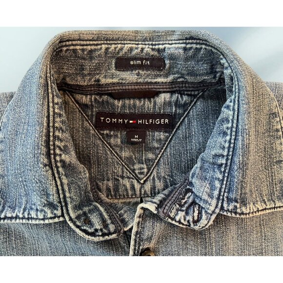 VTG Tommy Hilfiger Blue Button Up Denim Shirt Jacket Mens Size M Slim 44" Chest - Picture 3 of 9